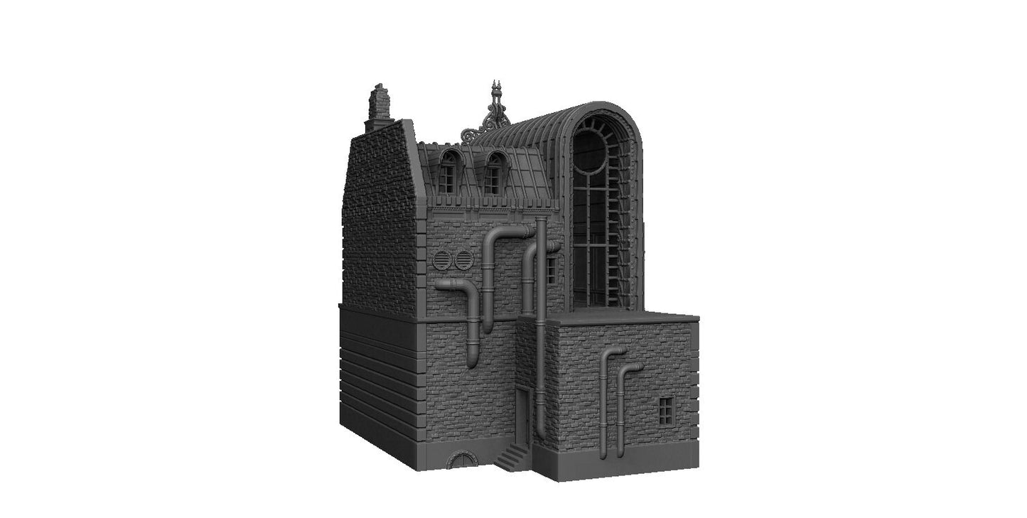 steampunk, modern, industrial terrain, post apocalyptic, warhammer, Tabletop Terrain, Tabletop games, wargaming, table top, terrain, Steampunk Laandan, Long building, Victorian Terrain, modular building, modular terrain