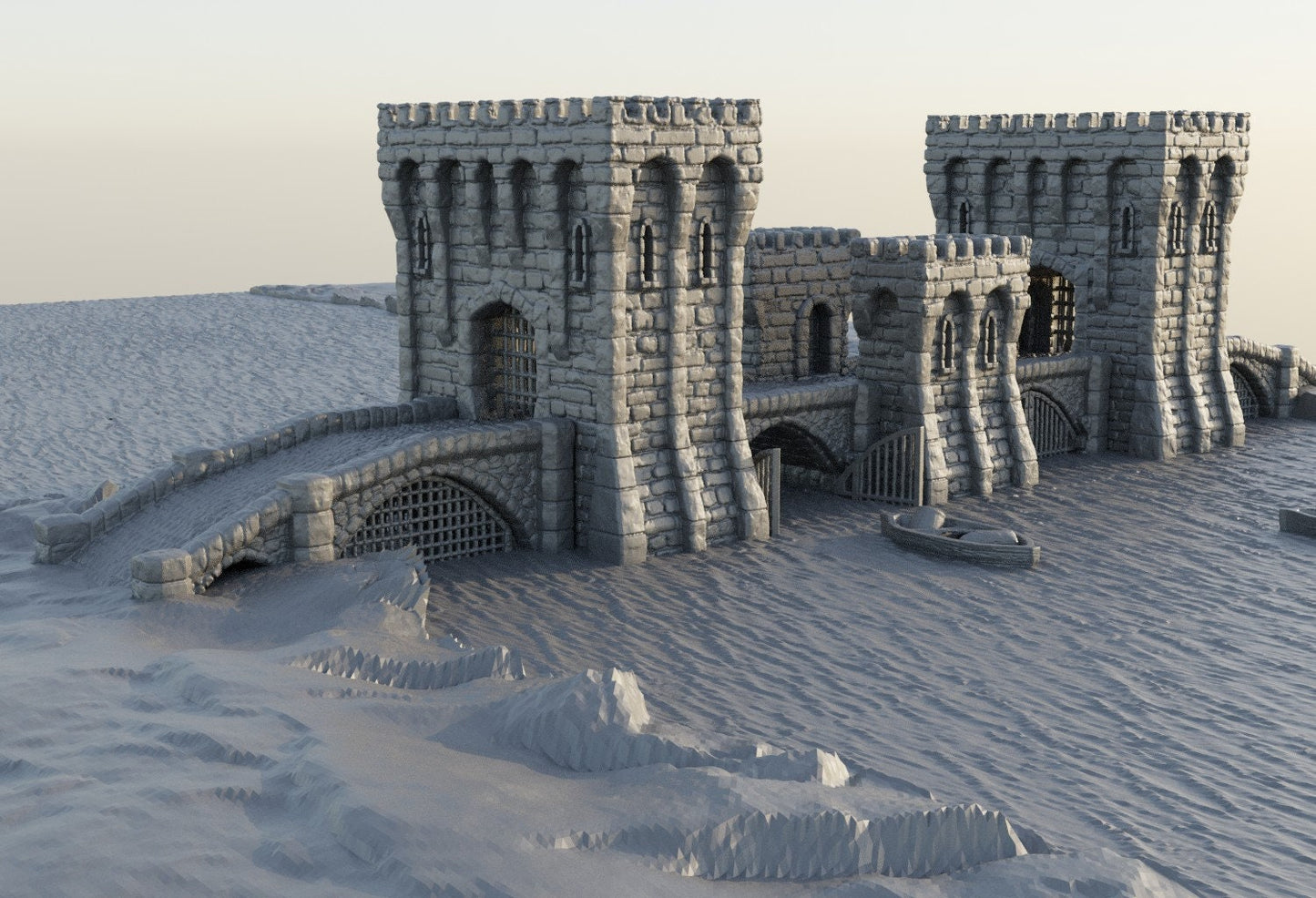 River Patrol Bridge, River gate, River Defense, Defense Tower, Guard Tower, Tower Bridge, Warhammer, Dungeons and Dragons, 28mm, Warhammer Terrain, Bridge terrain, Gondor, Terrain, Riverdale, Swamp Terrain, water crossing, bridge crossing, rpg
