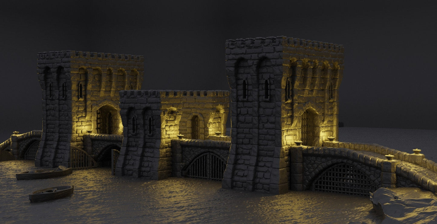 River Patrol Bridge, River gate, River Defense, Defense Tower, Guard Tower, Tower Bridge, Warhammer, Dungeons and Dragons, 28mm, Warhammer Terrain, Bridge terrain, Gondor, Terrain, Riverdale, Swamp Terrain, water crossing, bridge crossing, rpg