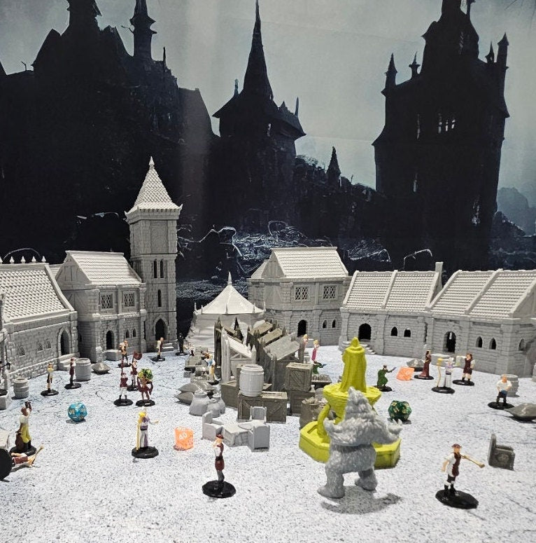 9 houses, 1 markettent, 1 clocktower, 6 market stalls, a fountain, and a street market. With everything you need in one shot, this will provide hours of fun for hobbyists & gamers. Get your hands on this fantastic set and bring your tabletop to life!