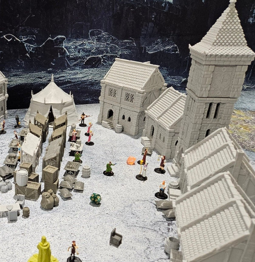 9 houses, 1 markettent, 1 clocktower, 6 market stalls, a fountain, and a street market. With everything you need in one shot, this will provide hours of fun for hobbyists & gamers. Get your hands on this fantastic set and bring your tabletop to life!