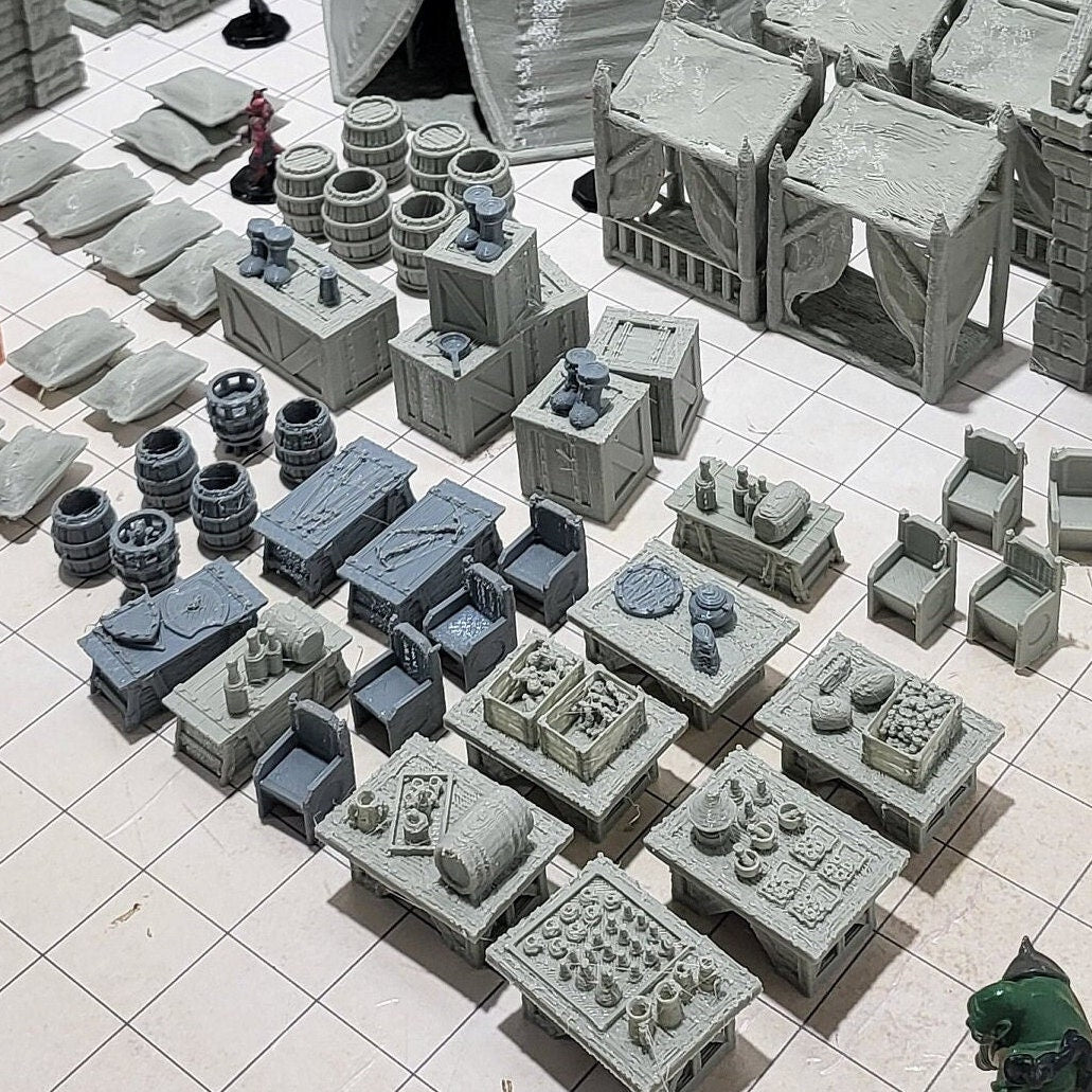 9 houses, 1 markettent, 1 clocktower, 6 market stalls, a fountain, and a street market. With everything you need in one shot, this will provide hours of fun for hobbyists & gamers. Get your hands on this fantastic set and bring your tabletop to life!