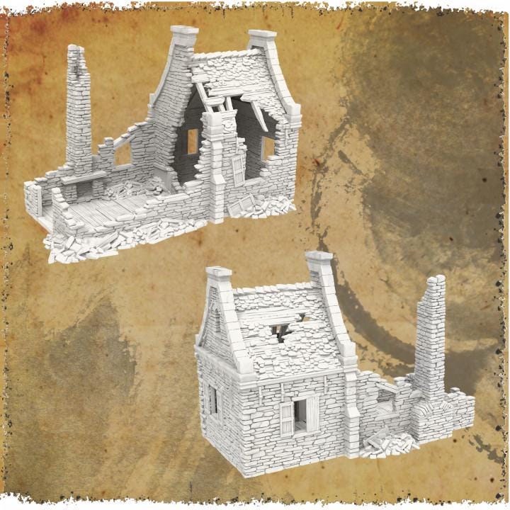 Grimdale Walter's Residence Ruin for tabletop wargaming, ruined residence, DnD, Pathfinder, Bolt Action, Revolutionary War games, 3D printed PLA terrain, high-quality ruins, realistic textures, strategic gameplay, RPG scenery.
