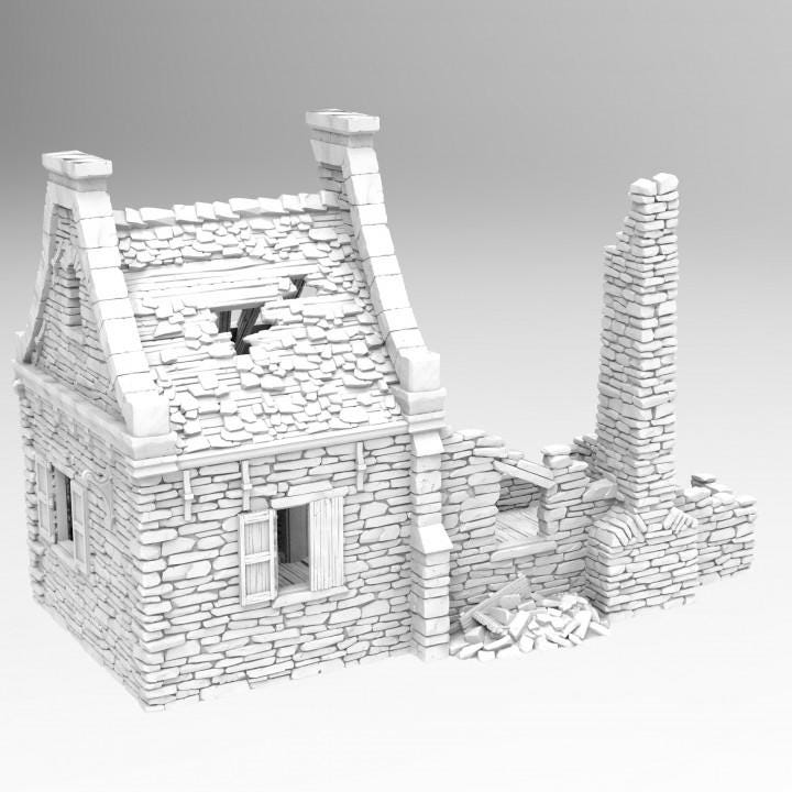 Grimdale Walter's Residence Ruin for tabletop wargaming, ruined residence, DnD, Pathfinder, Bolt Action, Revolutionary War games, 3D printed PLA terrain, high-quality ruins, realistic textures, strategic gameplay, RPG scenery.