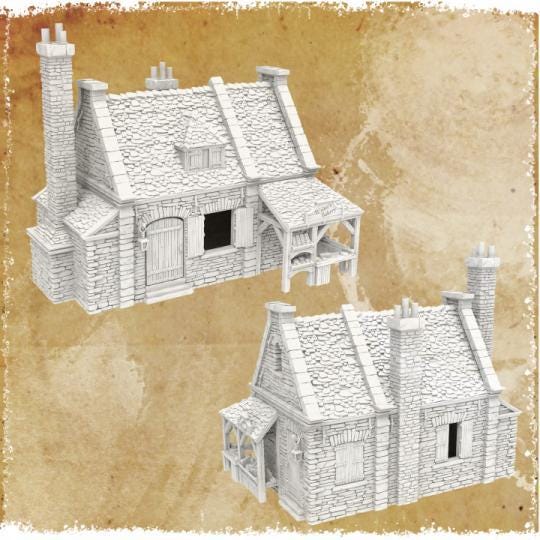 Walter's Bakery: A detailed colonial bakery with a stone façade, wooden shutters, and a covered entryway. The interior features a bakery oven and counter, perfect for adding realism to tabletop games.