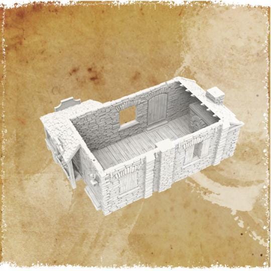 Walter's Bakery: A detailed colonial bakery with a stone façade, wooden shutters, and a covered entryway. The interior features a bakery oven and counter, perfect for adding realism to tabletop games.