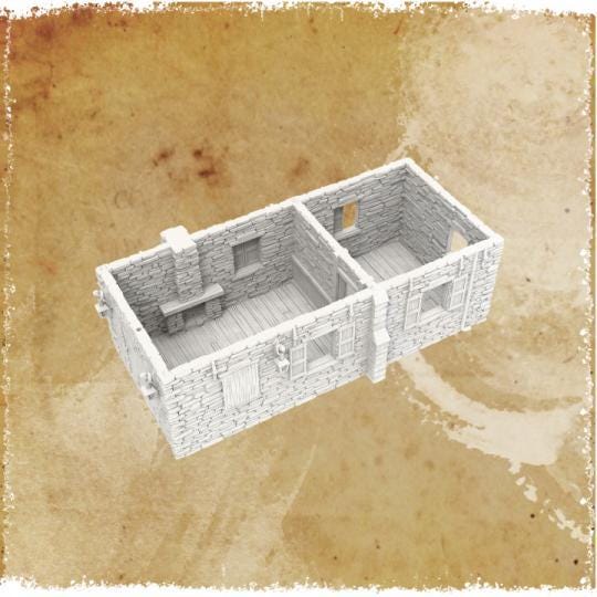 Walter's Residence is a colonial-era stone house featuring a detailed stone exterior, twin gables, and a rustic ambiance. The interior includes two spacious rooms with a fireplace and wooden floors. Ideal for tabletop RPGs and wargaming.