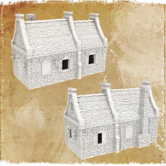 Walter's Residence is a colonial-era stone house featuring a detailed stone exterior, twin gables, and a rustic ambiance. The interior includes two spacious rooms with a fireplace and wooden floors. Ideal for tabletop RPGs and wargaming.
