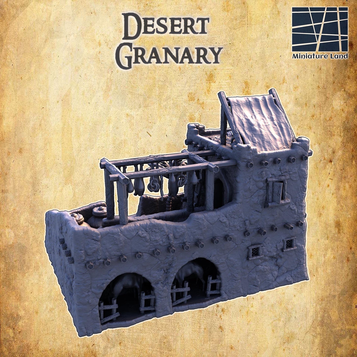 The Desert Granary model showcases a rustic adobe building with detailed urns for grain storage, a shaded drying rack, and an ancient desert ambiance, perfect for enhancing tabletop RPG and wargaming scenarios.