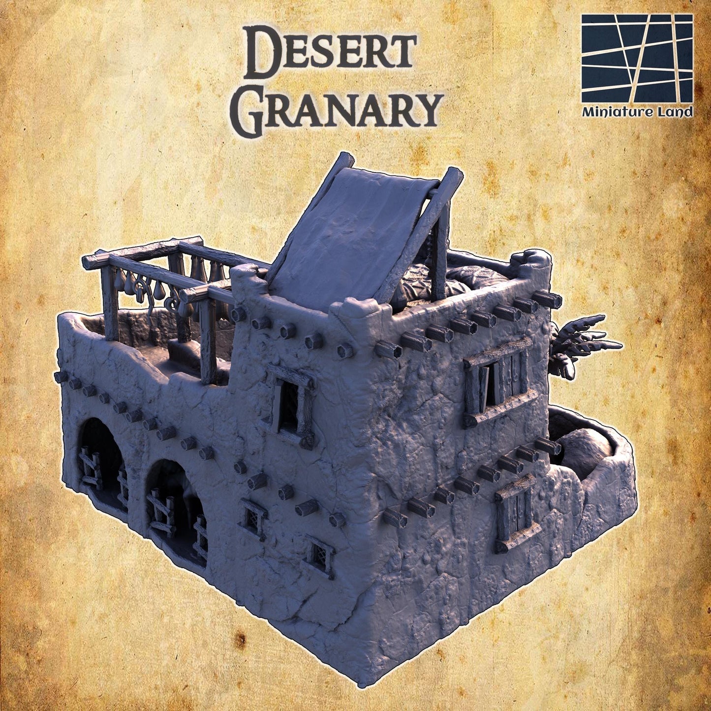 The Desert Granary model showcases a rustic adobe building with detailed urns for grain storage, a shaded drying rack, and an ancient desert ambiance, perfect for enhancing tabletop RPG and wargaming scenarios.