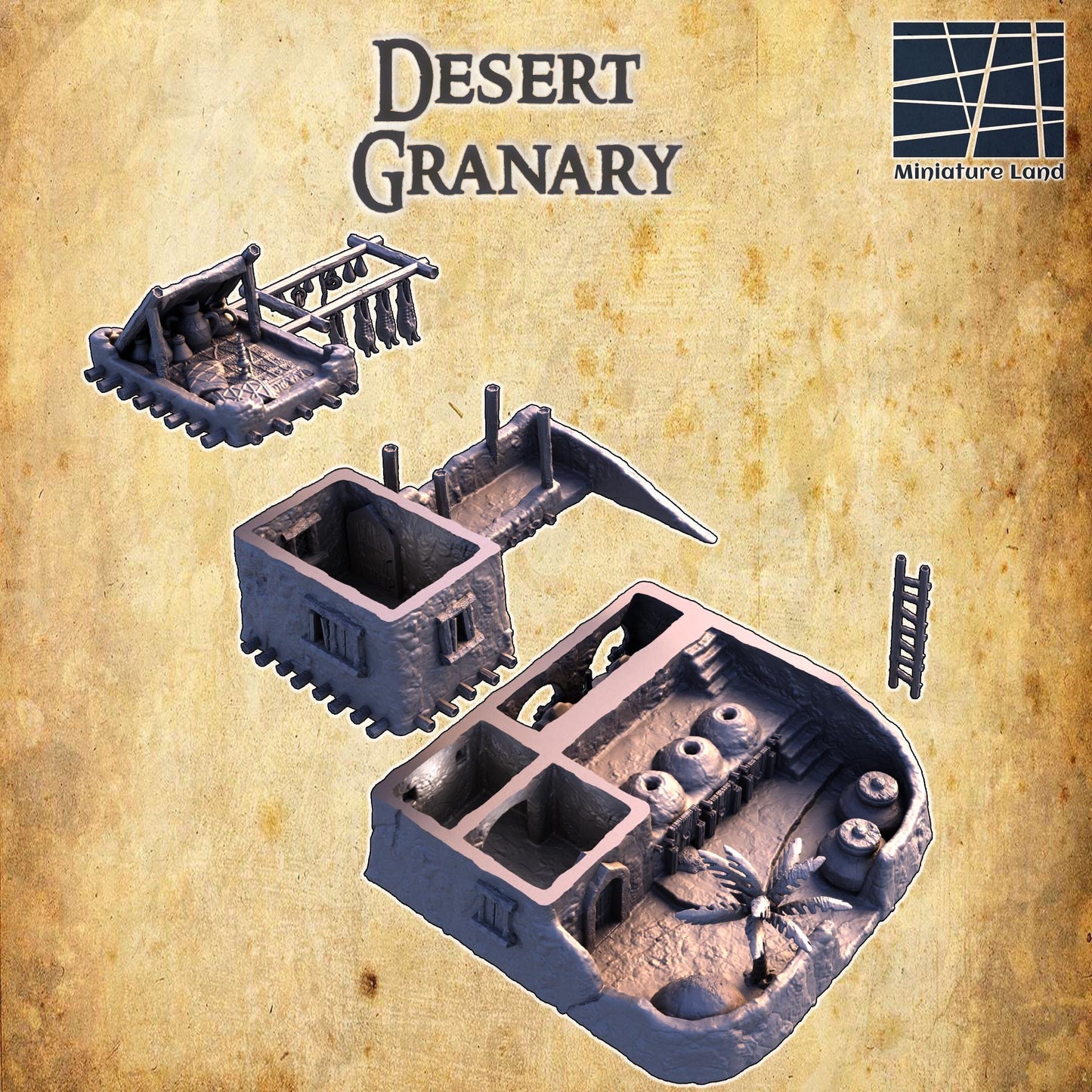 The Desert Granary model showcases a rustic adobe building with detailed urns for grain storage, a shaded drying rack, and an ancient desert ambiance, perfect for enhancing tabletop RPG and wargaming scenarios.