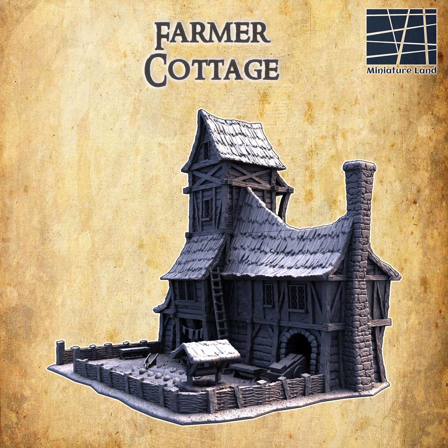 The Farmer's Cottage features a picturesque two-story design with timber framing, a thatched roof, and stone foundations. The cottage includes a fenced garden, wooden ladders, stone chimneys, and multiple interior rooms.