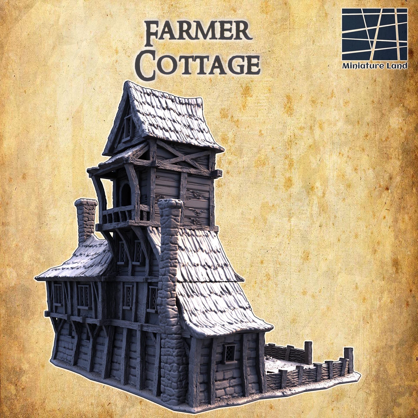 The Farmer's Cottage features a picturesque two-story design with timber framing, a thatched roof, and stone foundations. The cottage includes a fenced garden, wooden ladders, stone chimneys, and multiple interior rooms.