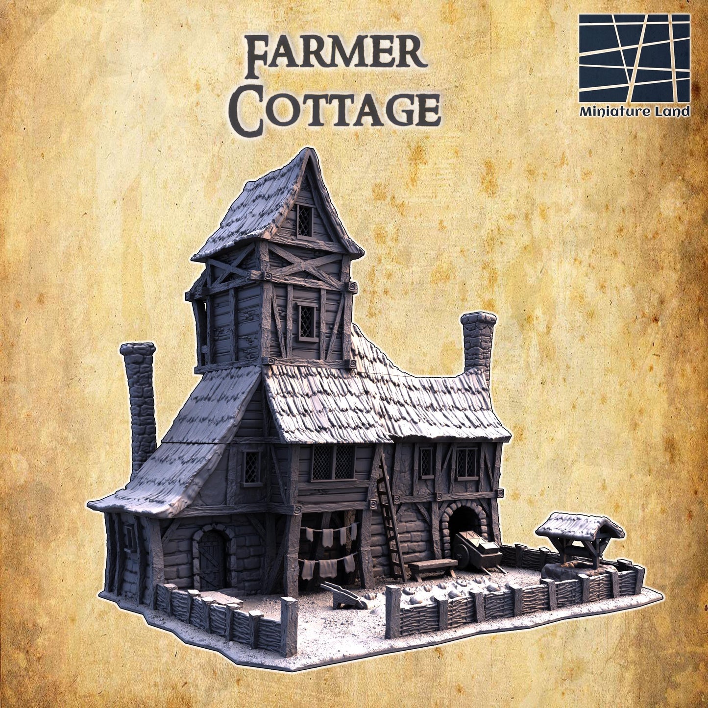 The Farmer's Cottage features a picturesque two-story design with timber framing, a thatched roof, and stone foundations. The cottage includes a fenced garden, wooden ladders, stone chimneys, and multiple interior rooms.