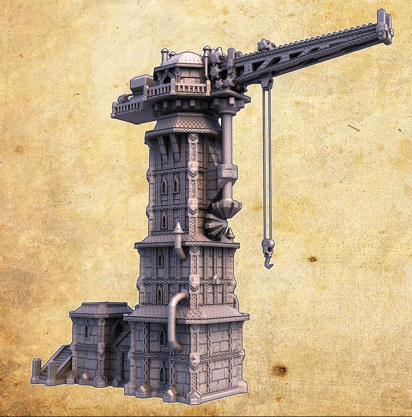 The Dwarf Crane Tower stands tall with a towering crane arm and detailed stonework. The structure includes multiple levels, intricate machinery, and observation decks, perfect for fantasy and steampunk settings.