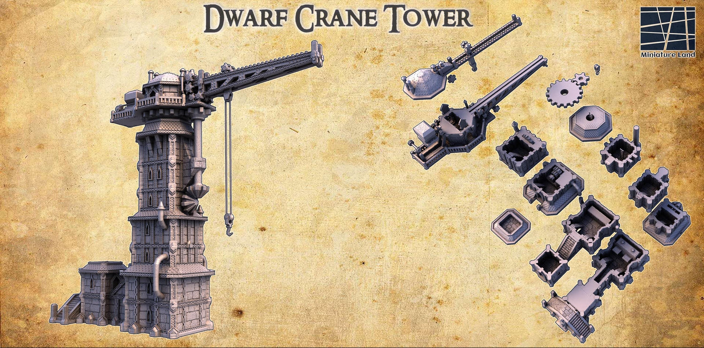 The Dwarf Crane Tower stands tall with a towering crane arm and detailed stonework. The structure includes multiple levels, intricate machinery, and observation decks, perfect for fantasy and steampunk settings.