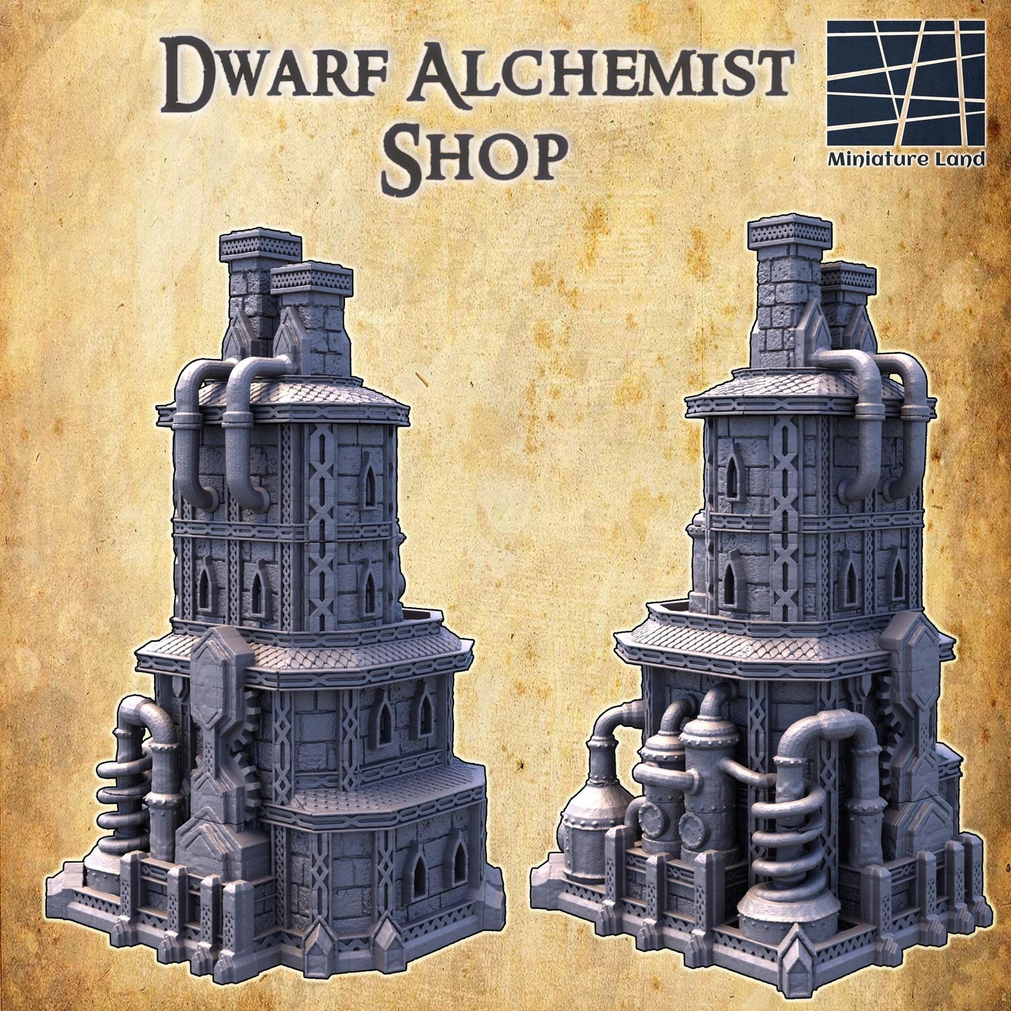 The Dwarf Alchemist Shop is a multi-level industrial building with gothic architecture, featuring detailed alchemical equipment, large vats, and intricate piping. The structure's stonework and metal accents create an authentic fantasy setting.