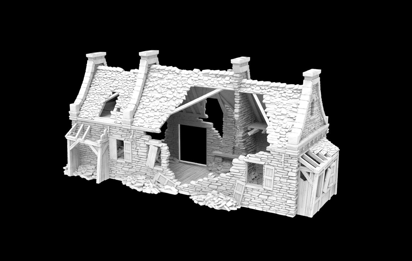 Grimdale Moore's Residence Ruin for tabletop wargaming, ruined residence, DnD, Pathfinder, Bolt Action, Revolutionary War games, 3D printed PLA terrain, high-quality ruins, realistic textures, strategic gameplay, RPG scenery, detailed architecture.