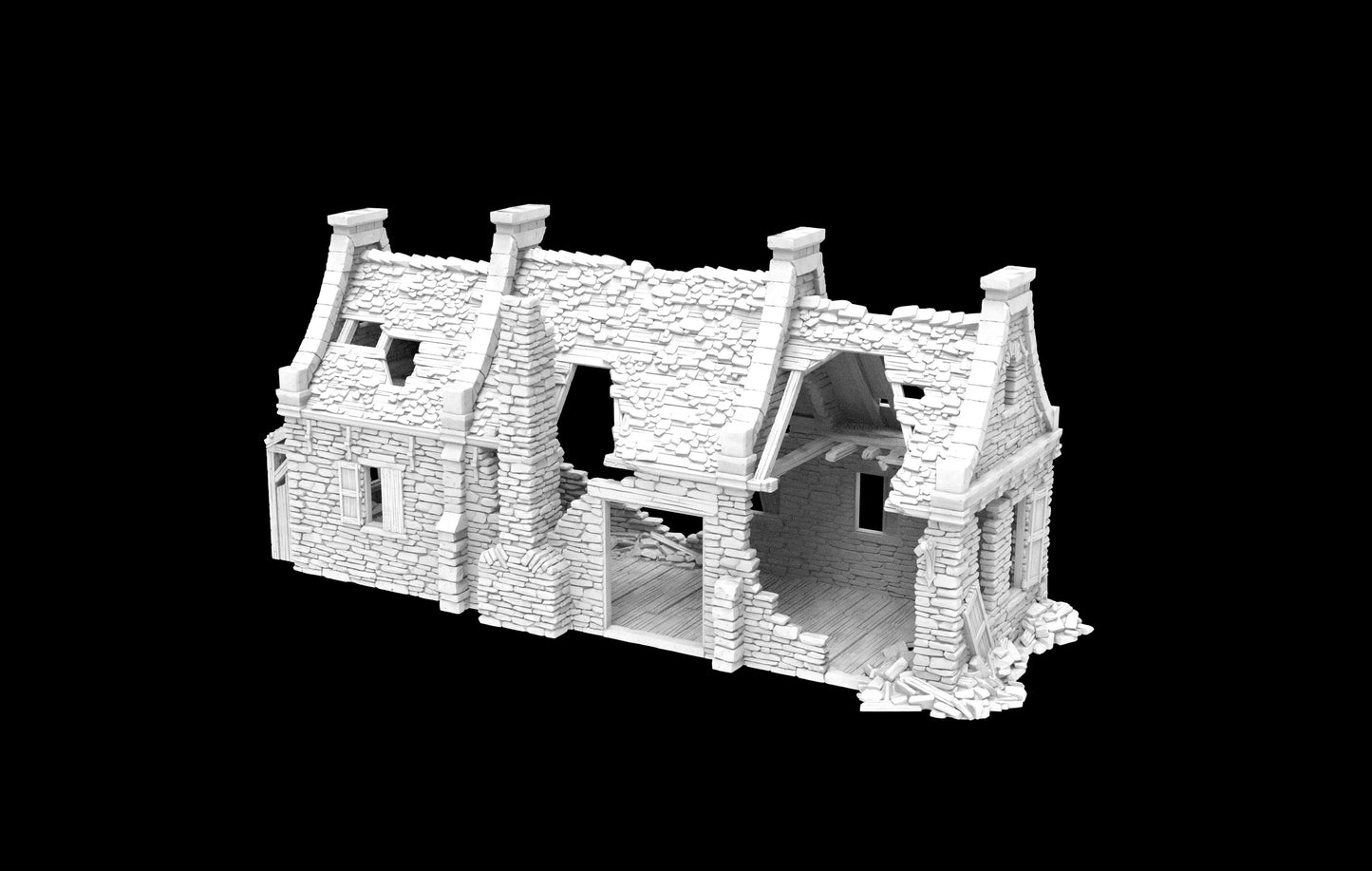 Grimdale Moore's Residence Ruin for tabletop wargaming, ruined residence, DnD, Pathfinder, Bolt Action, Revolutionary War games, 3D printed PLA terrain, high-quality ruins, realistic textures, strategic gameplay, RPG scenery, detailed architecture.