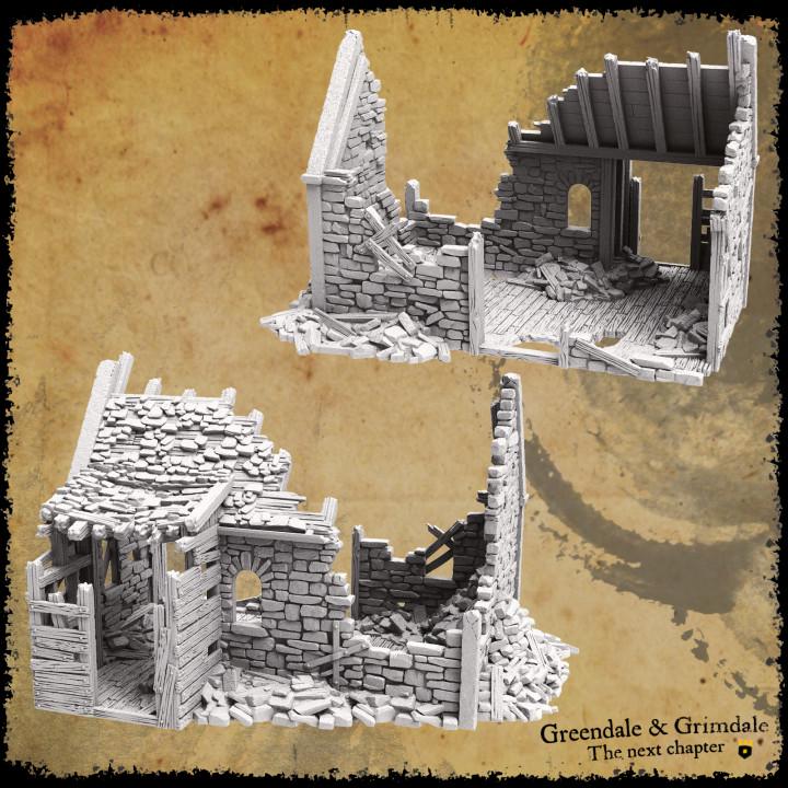 Grimdale Slums Set of 3 with common grounds plateau for tabletop wargaming, ruined slums, DnD, Pathfinder, Bolt Action, Revolutionary War games, 3D printed PLA terrain, high-quality ruins, realistic textures, strategic gameplay, RPG scenery.