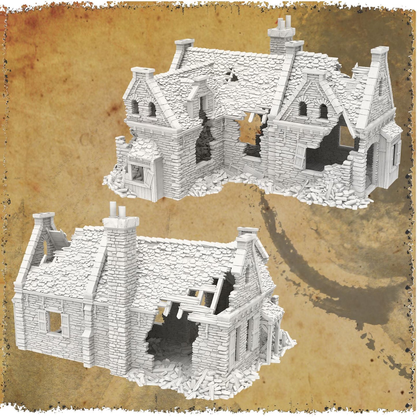 Grimdale Thornewood's Residence Ruin for tabletop wargaming, ruined residence, DnD, Pathfinder, Bolt Action, Revolutionary War games, 3D printed PLA terrain, high-quality ruins, realistic textures, strategic gameplay, RPG scenery.