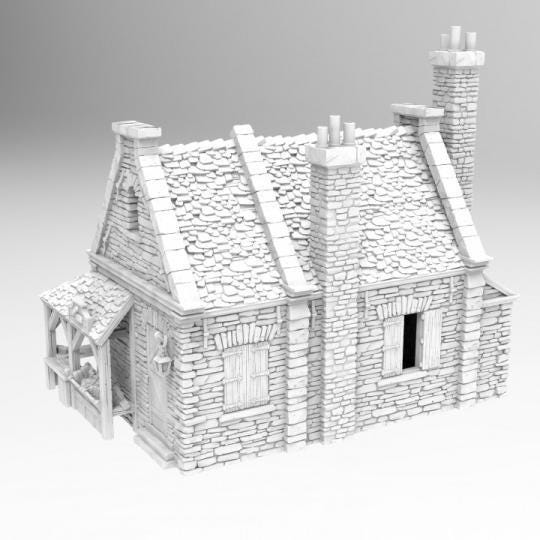 Walter's Bakery: A detailed colonial bakery with a stone façade, wooden shutters, and a covered entryway. The interior features a bakery oven and counter, perfect for adding realism to tabletop games.
