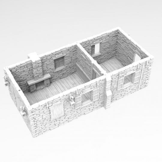 Walter's Residence is a colonial-era stone house featuring a detailed stone exterior, twin gables, and a rustic ambiance. The interior includes two spacious rooms with a fireplace and wooden floors. Ideal for tabletop RPGs and wargaming.