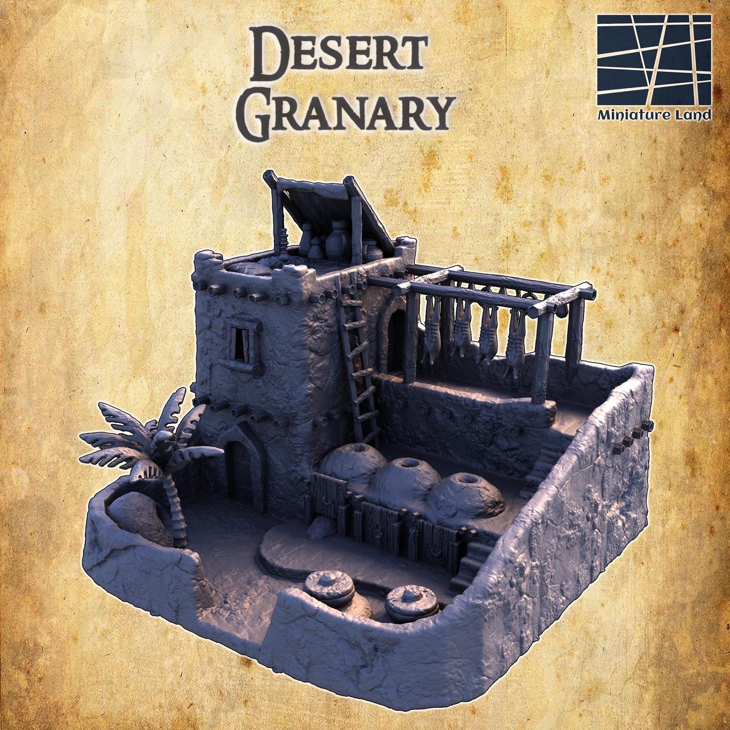 The Desert Granary model showcases a rustic adobe building with detailed urns for grain storage, a shaded drying rack, and an ancient desert ambiance, perfect for enhancing tabletop RPG and wargaming scenarios.