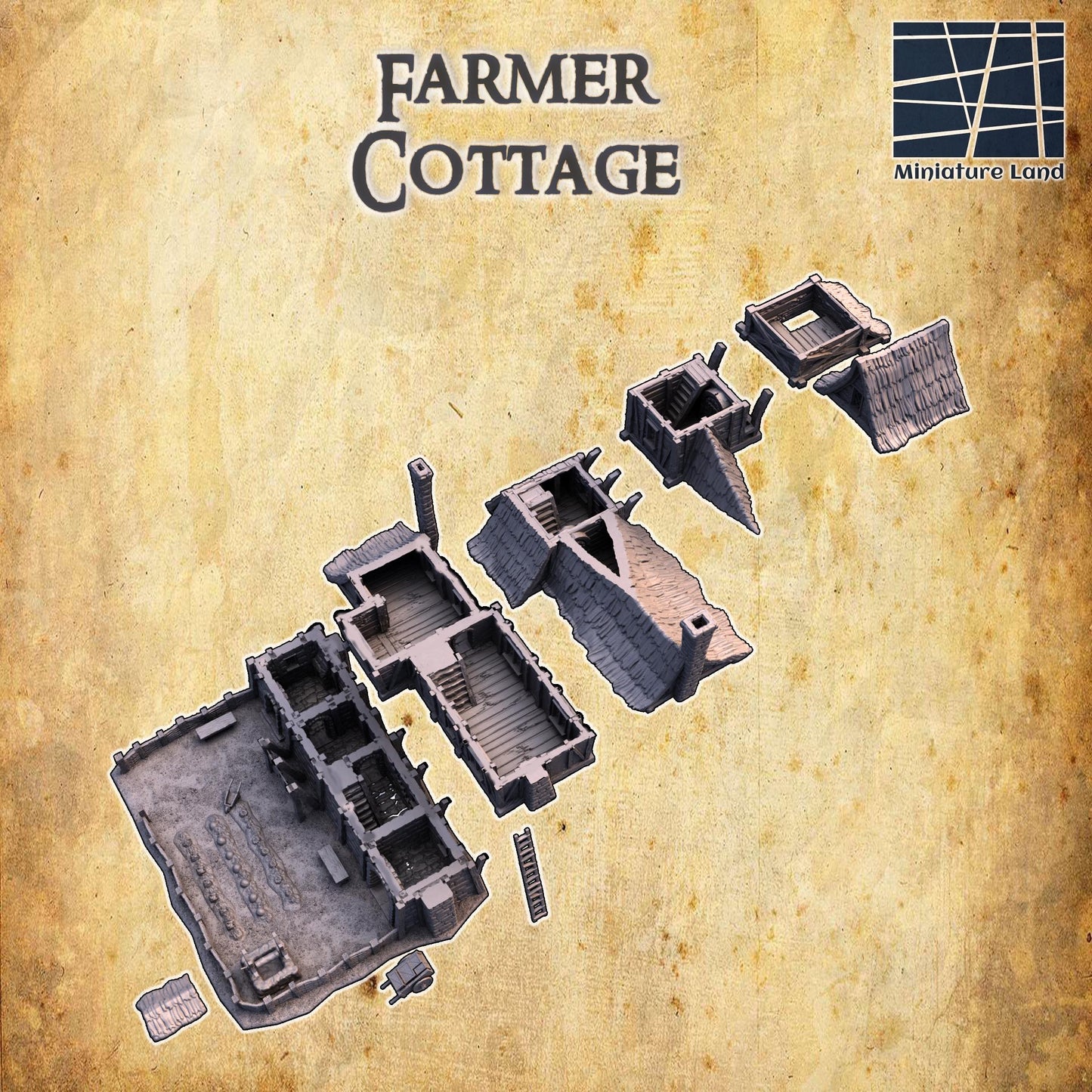 The Farmer's Cottage features a picturesque two-story design with timber framing, a thatched roof, and stone foundations. The cottage includes a fenced garden, wooden ladders, stone chimneys, and multiple interior rooms.