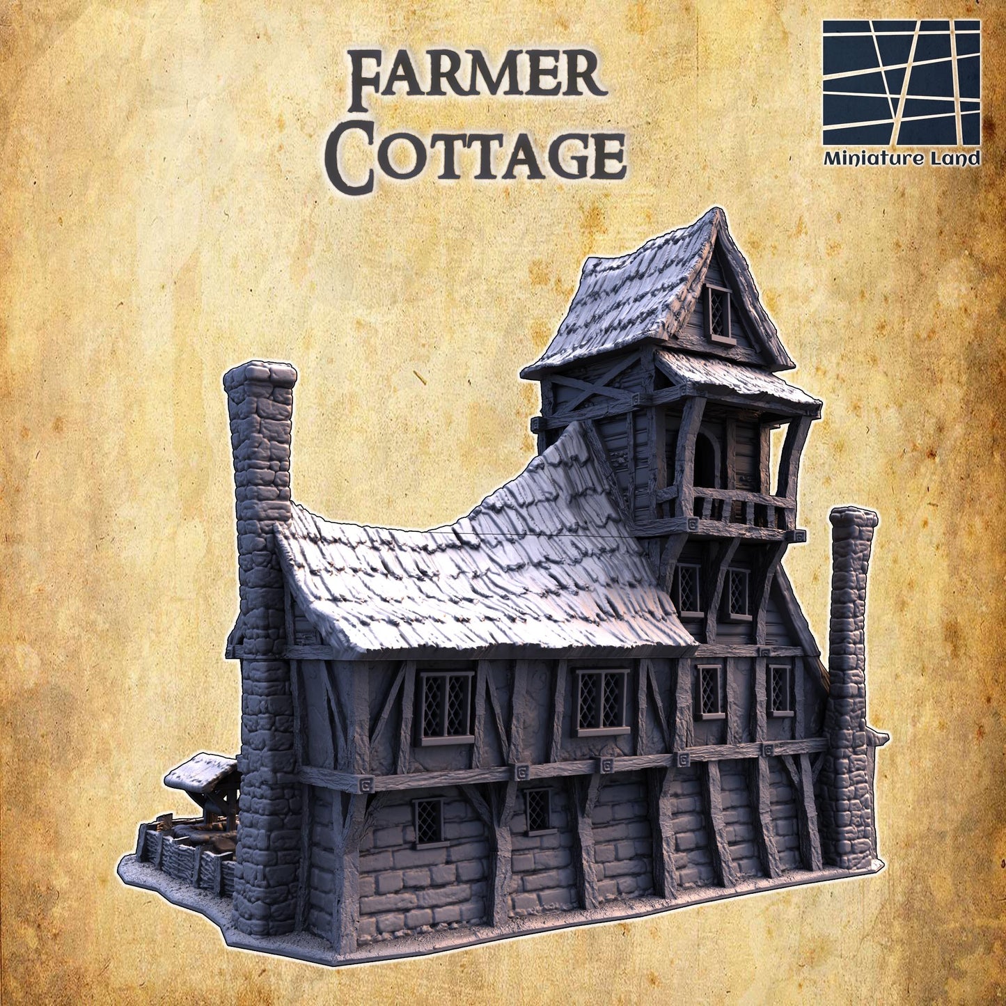 The Farmer's Cottage features a picturesque two-story design with timber framing, a thatched roof, and stone foundations. The cottage includes a fenced garden, wooden ladders, stone chimneys, and multiple interior rooms.