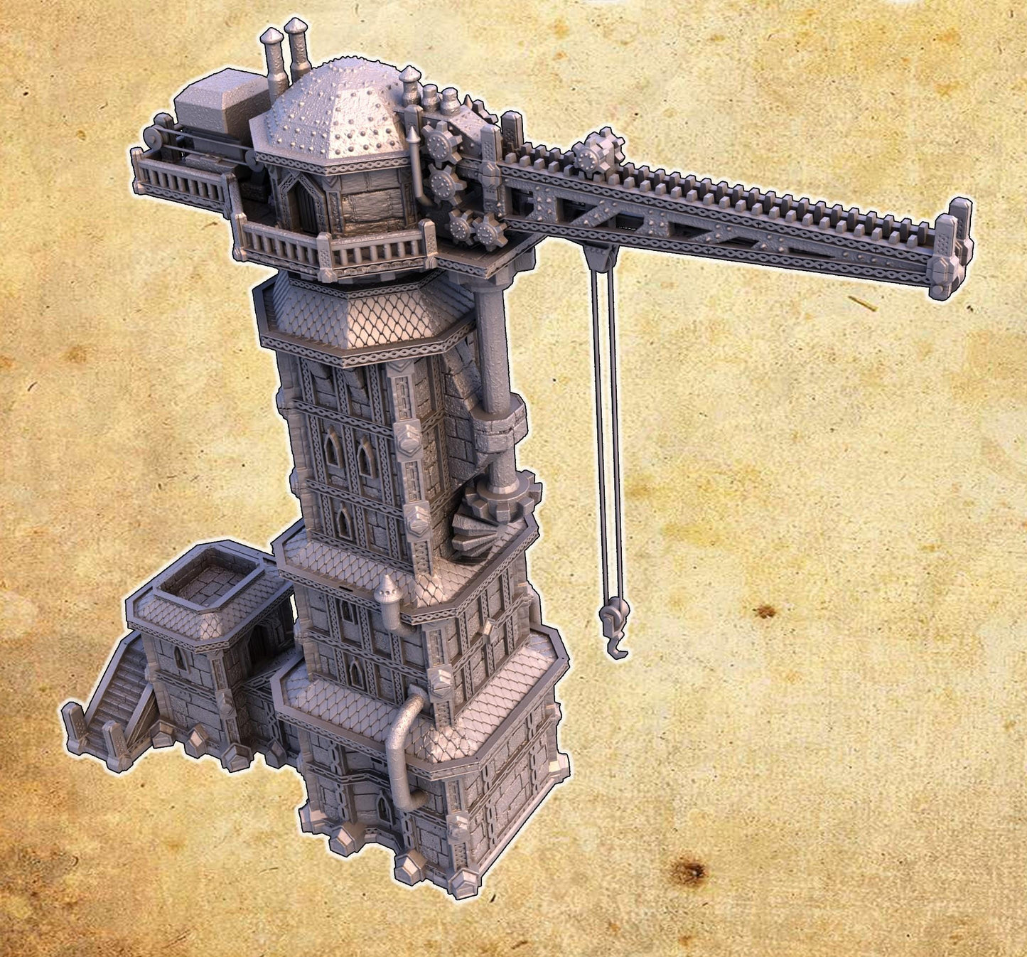 The Dwarf Crane Tower stands tall with a towering crane arm and detailed stonework. The structure includes multiple levels, intricate machinery, and observation decks, perfect for fantasy and steampunk settings.