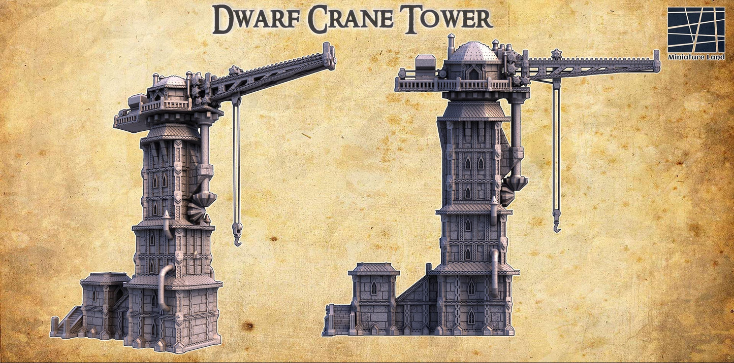 The Dwarf Crane Tower stands tall with a towering crane arm and detailed stonework. The structure includes multiple levels, intricate machinery, and observation decks, perfect for fantasy and steampunk settings.