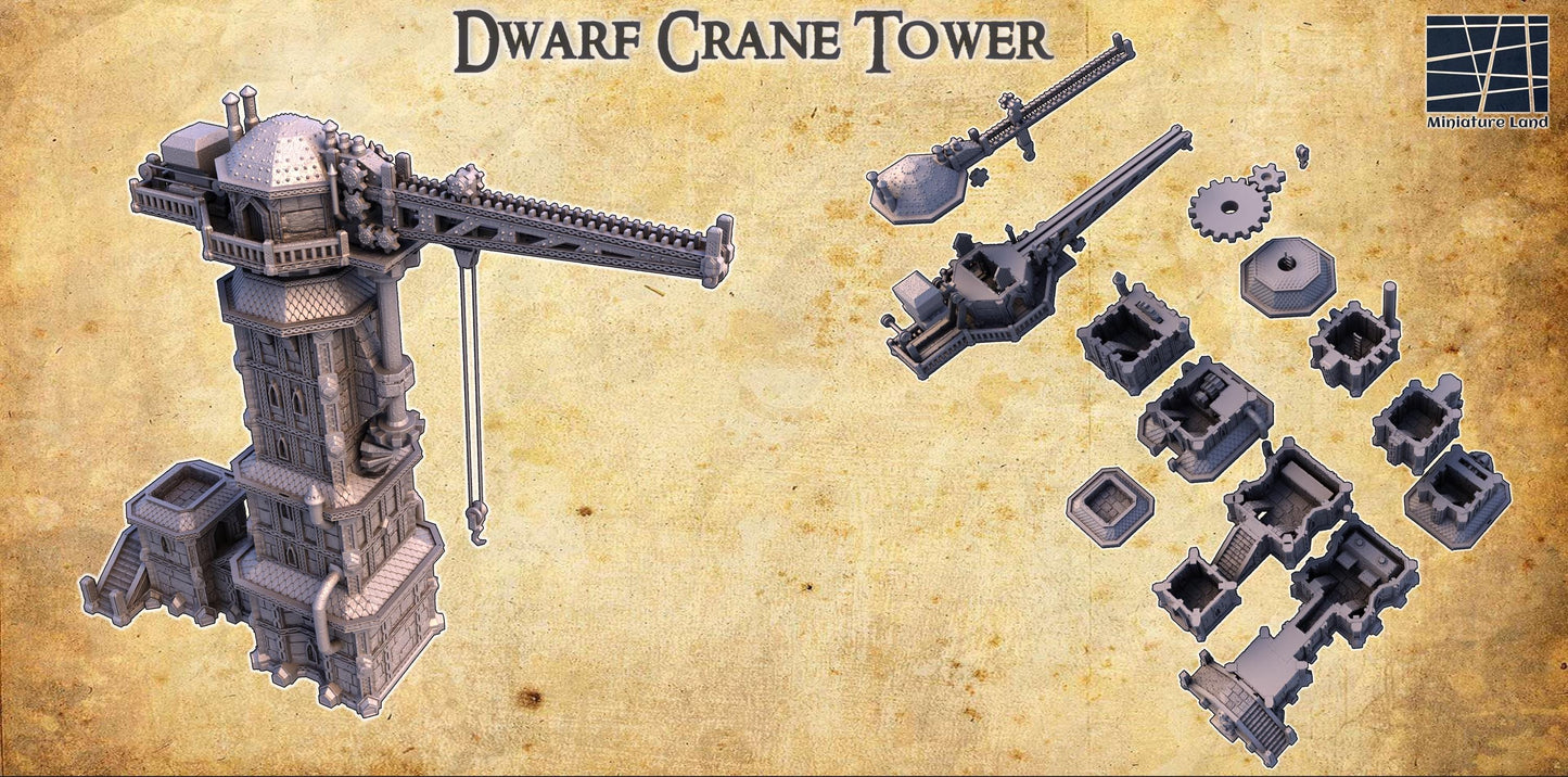 The Dwarf Crane Tower stands tall with a towering crane arm and detailed stonework. The structure includes multiple levels, intricate machinery, and observation decks, perfect for fantasy and steampunk settings.