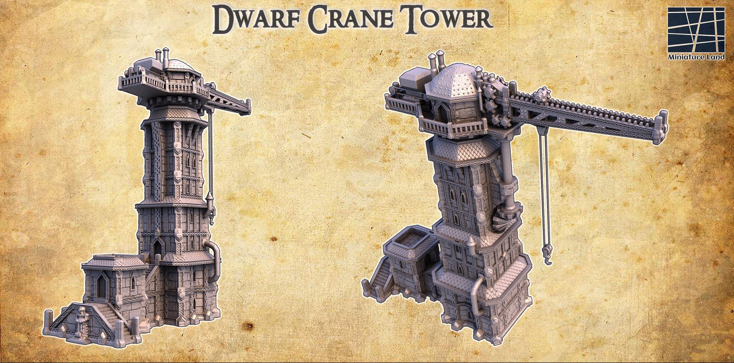 The Dwarf Crane Tower stands tall with a towering crane arm and detailed stonework. The structure includes multiple levels, intricate machinery, and observation decks, perfect for fantasy and steampunk settings.