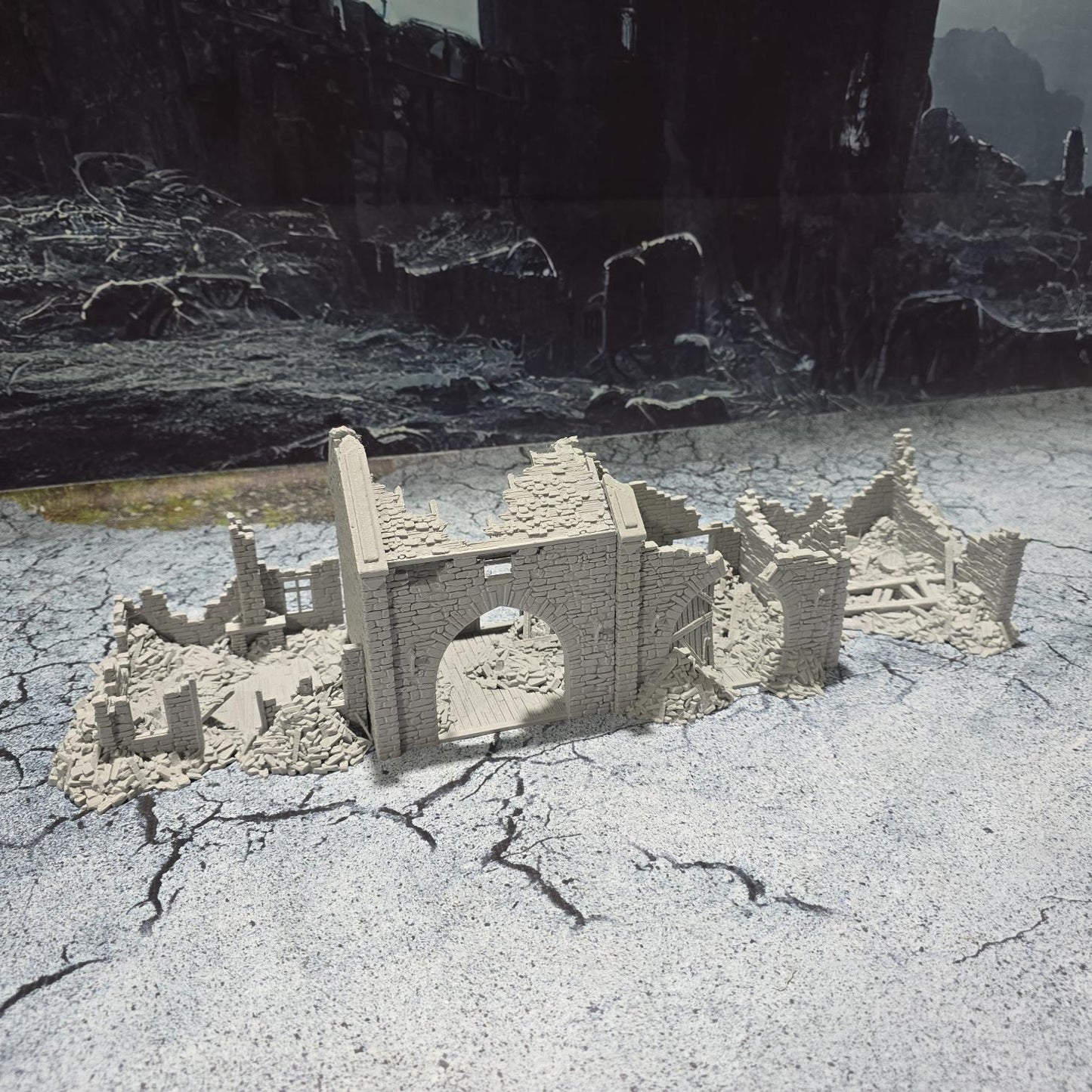 Grimdale Ruined Farmhouse for tabletop wargaming, ruined farmhouse, DnD, Pathfinder, Bolt Action, Revolutionary War games, 3D printed PLA terrain, high-quality ruins, realistic textures, strategic gameplay, RPG scenery, detailed architecture.