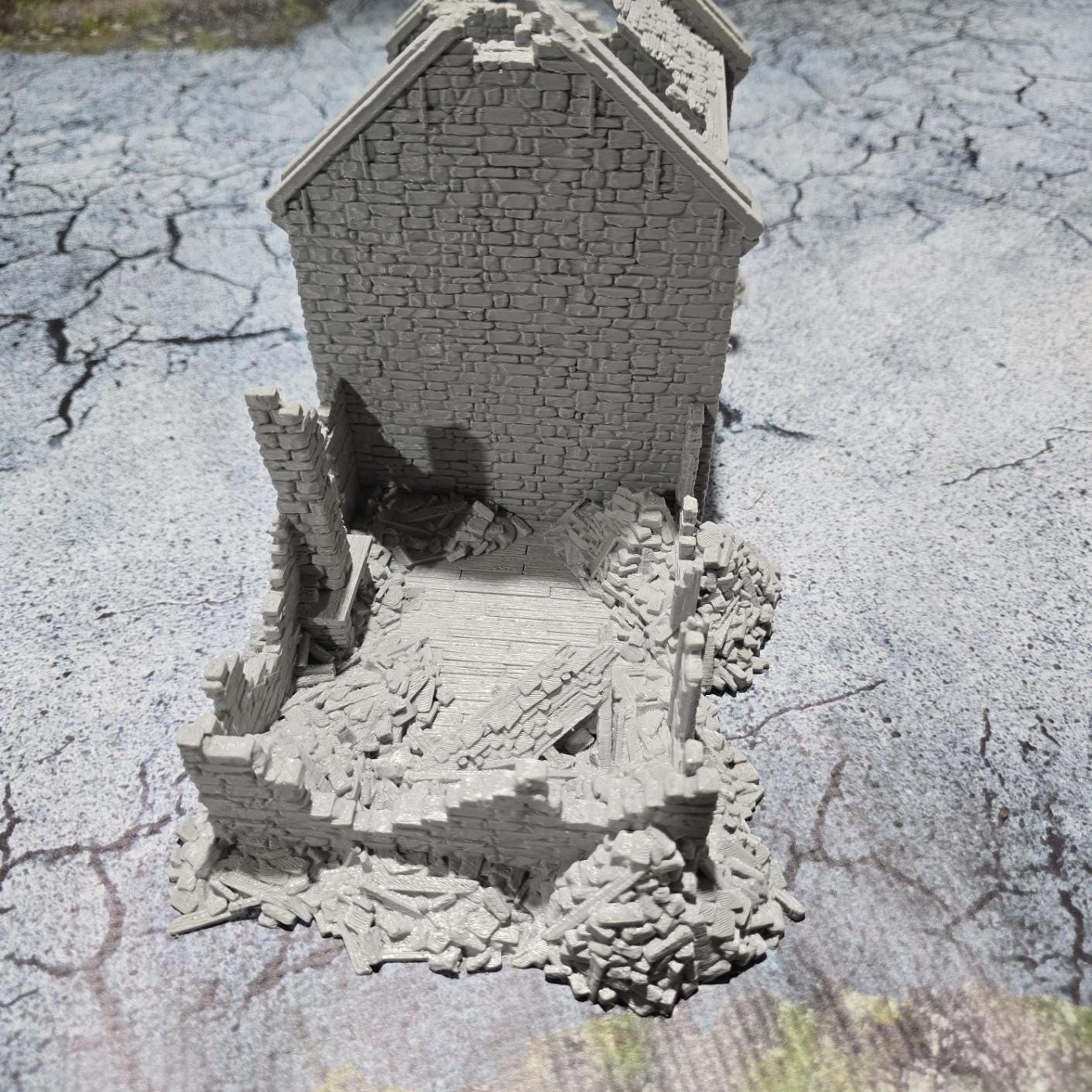 Grimdale Ruined Farmhouse for tabletop wargaming, ruined farmhouse, DnD, Pathfinder, Bolt Action, Revolutionary War games, 3D printed PLA terrain, high-quality ruins, realistic textures, strategic gameplay, RPG scenery, detailed architecture.