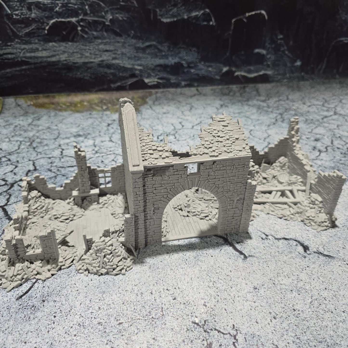 Grimdale Ruined Farmhouse for tabletop wargaming, ruined farmhouse, DnD, Pathfinder, Bolt Action, Revolutionary War games, 3D printed PLA terrain, high-quality ruins, realistic textures, strategic gameplay, RPG scenery, detailed architecture.