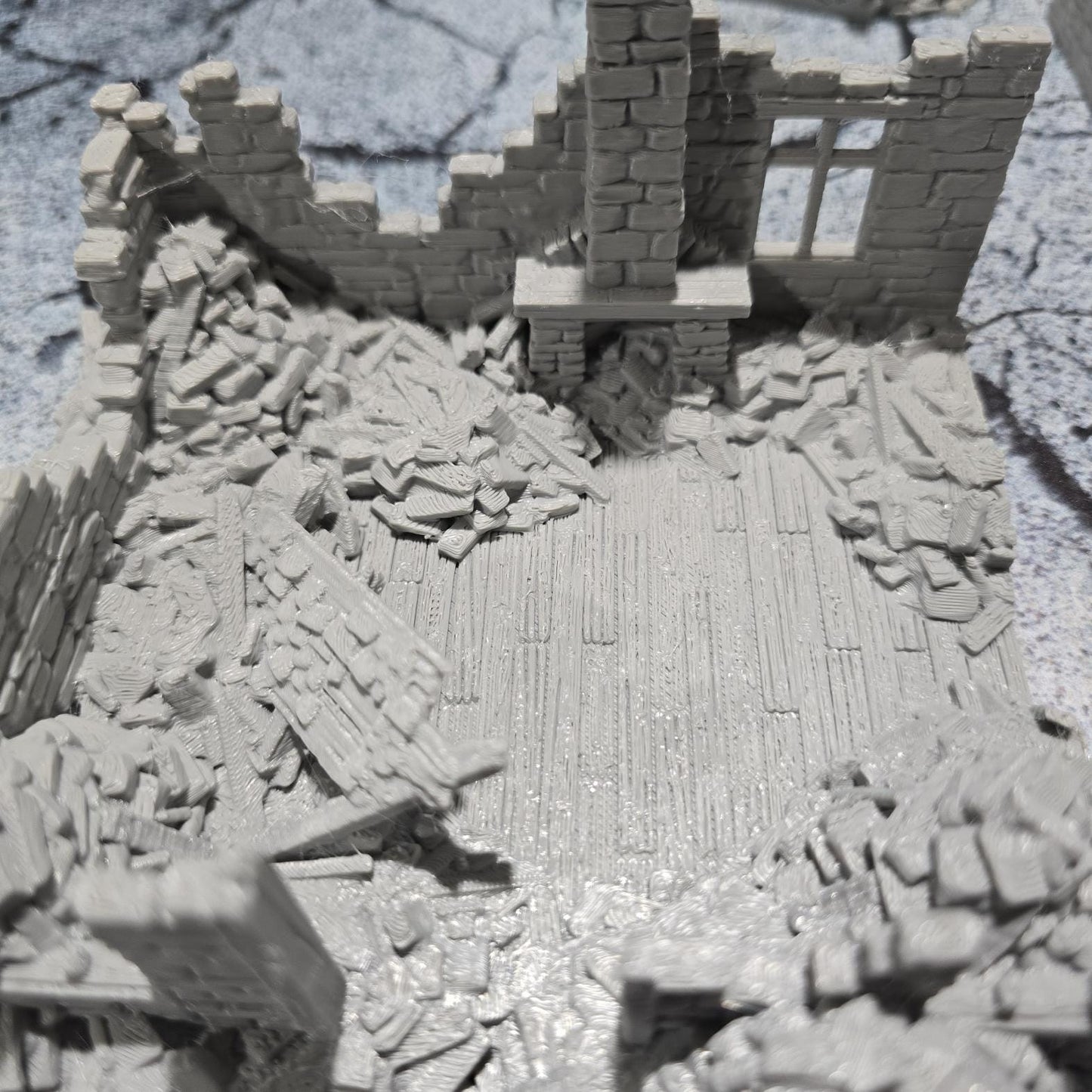 Grimdale Ruined Farmhouse for tabletop wargaming, ruined farmhouse, DnD, Pathfinder, Bolt Action, Revolutionary War games, 3D printed PLA terrain, high-quality ruins, realistic textures, strategic gameplay, RPG scenery, detailed architecture.