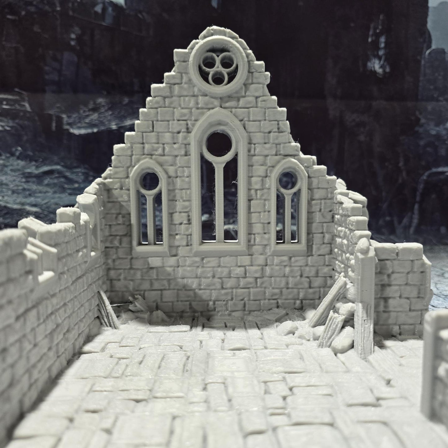 Medieval "Kasenport Church Ruin" model for tabletop gaming; features Gothic architecture with intricate details like cracked walls and stained glass remnants.