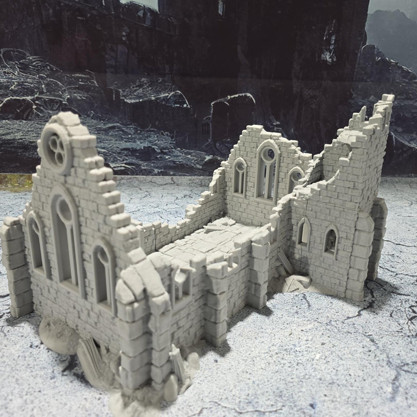 Medieval "Kasenport Church Ruin" model for tabletop gaming; features Gothic architecture with intricate details like cracked walls and stained glass remnants.
