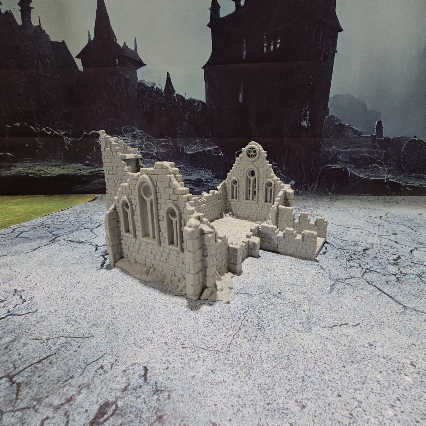 Medieval "Kasenport Church Ruin" model for tabletop gaming; features Gothic architecture with intricate details like cracked walls and stained glass remnants.