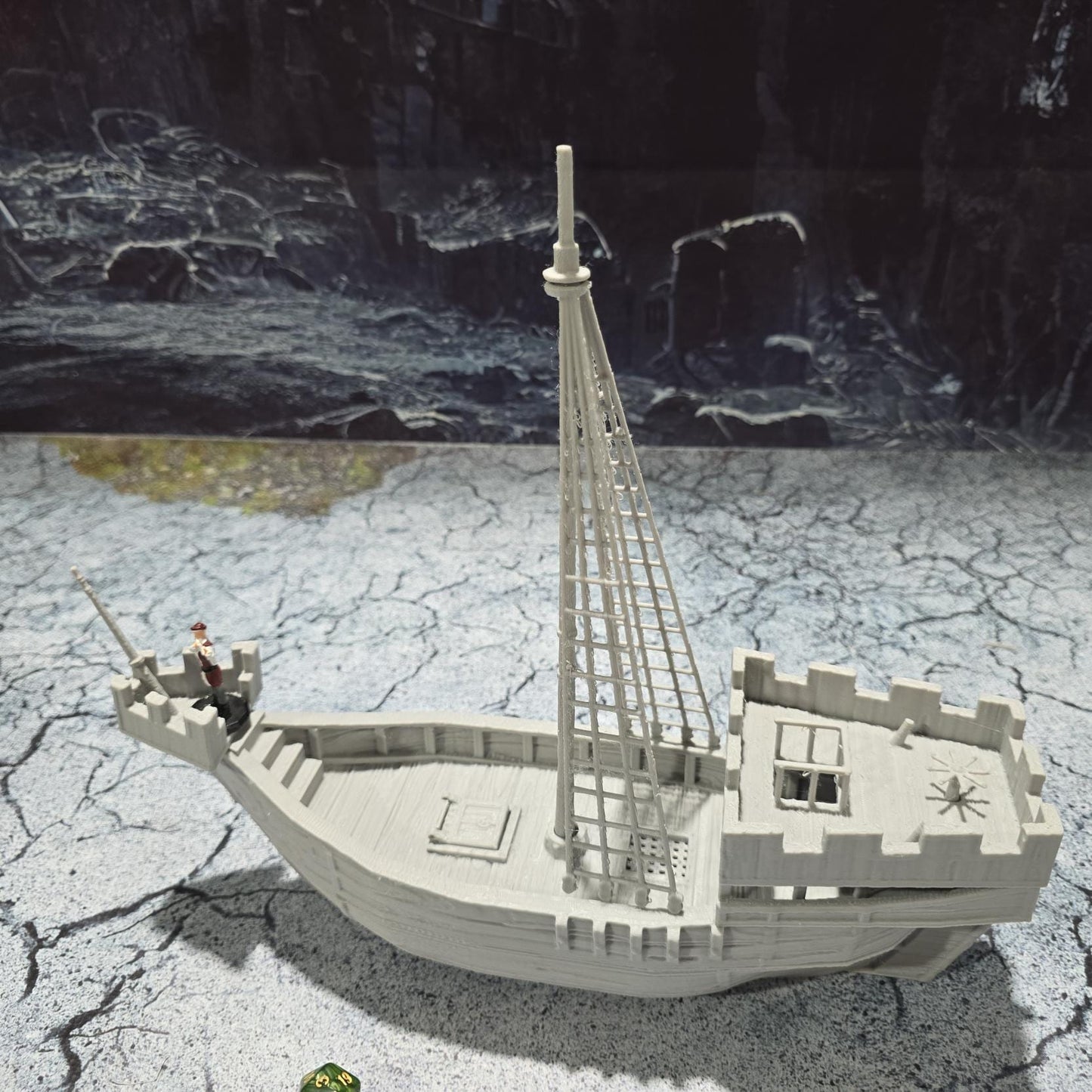 Detailed 3D printed model of a medieval cog ship with a mast, sail, and realistic deck features, perfect for tabletop gaming scenarios.