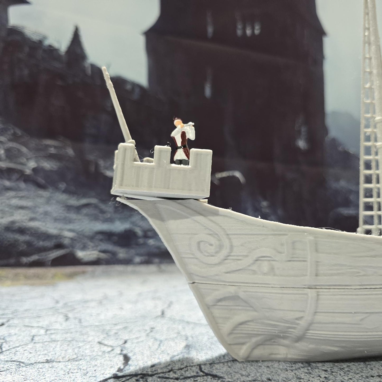Detailed 3D printed model of a medieval cog ship with a mast, sail, and realistic deck features, perfect for tabletop gaming scenarios.