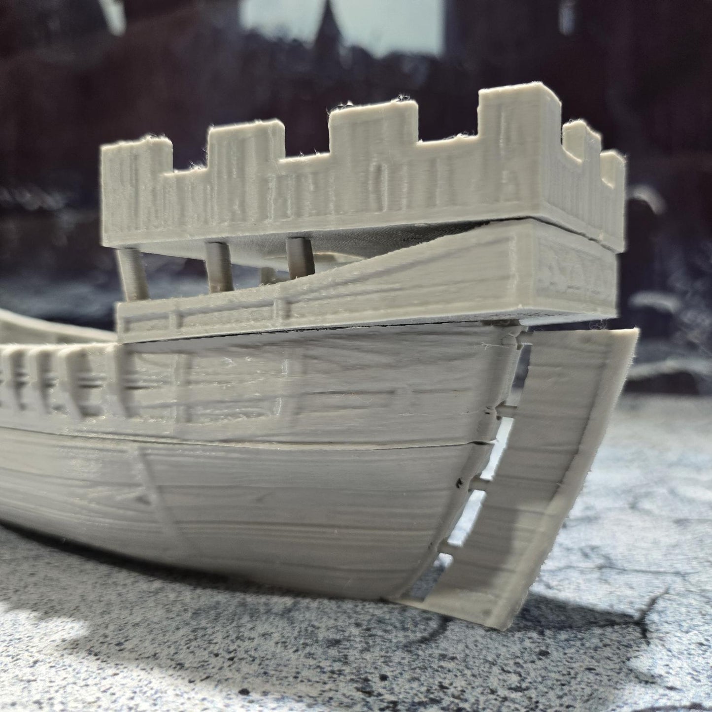 Detailed 3D printed model of a medieval cog ship with a mast, sail, and realistic deck features, perfect for tabletop gaming scenarios.