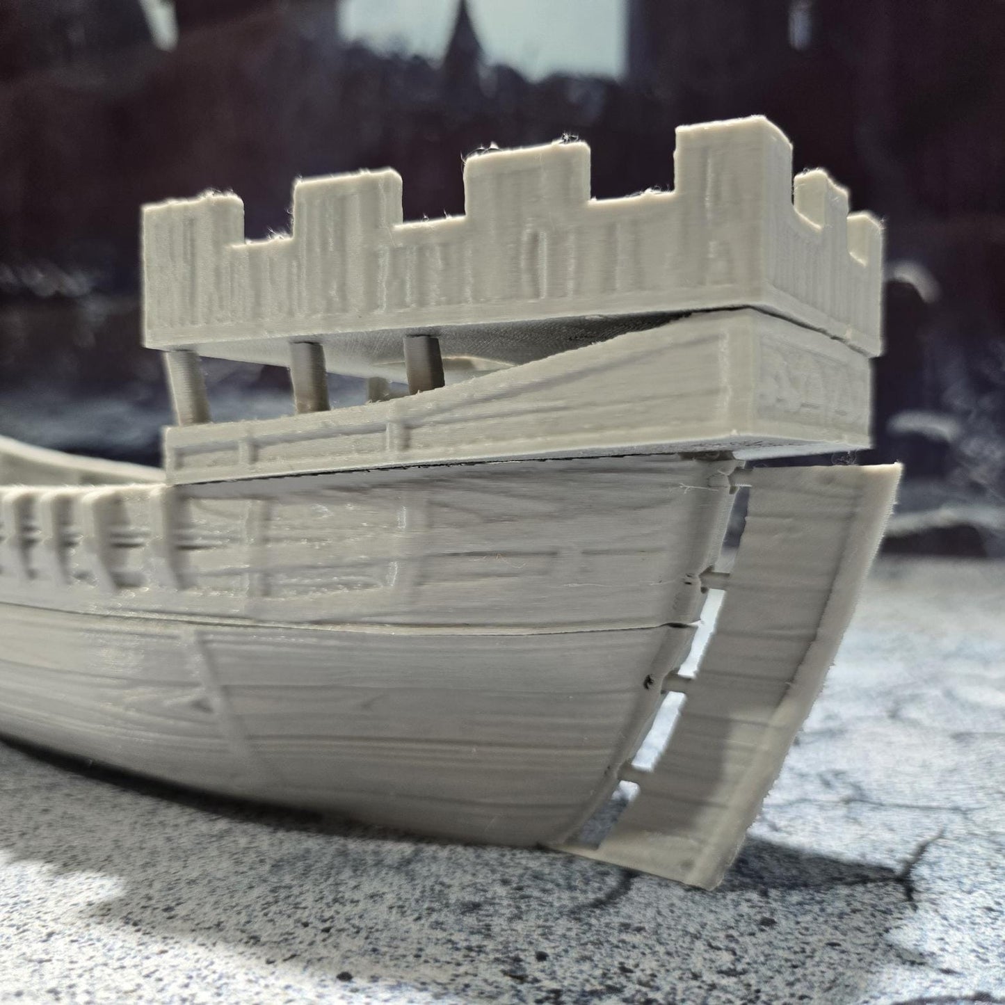 Detailed 3D printed model of a medieval cog ship with a mast, sail, and realistic deck features, perfect for tabletop gaming scenarios.