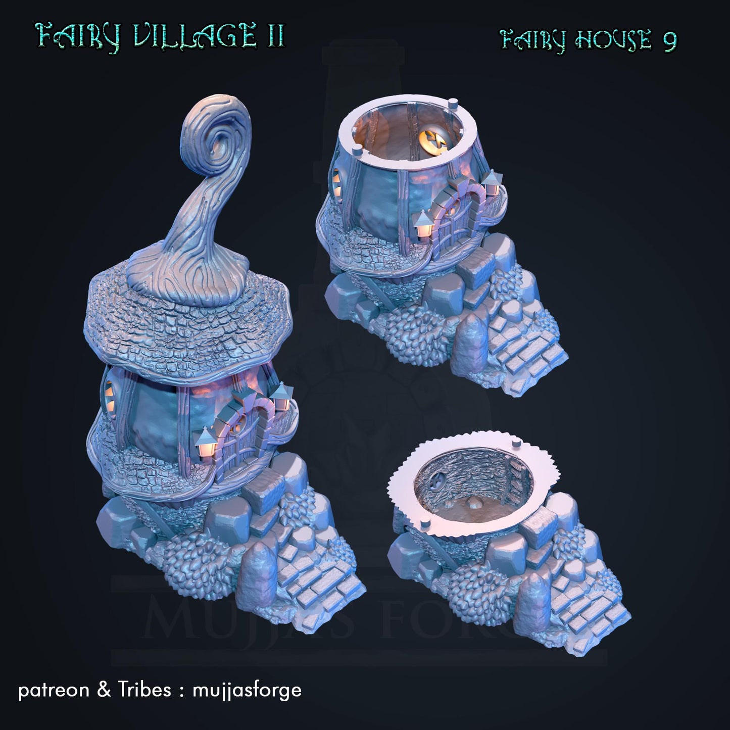 Enchanting 'Fairy House 9' model from 'Fairy Village II' series, featuring a twisted roof and glowing windows, perfect for fantasy dioramas and RPG settings.