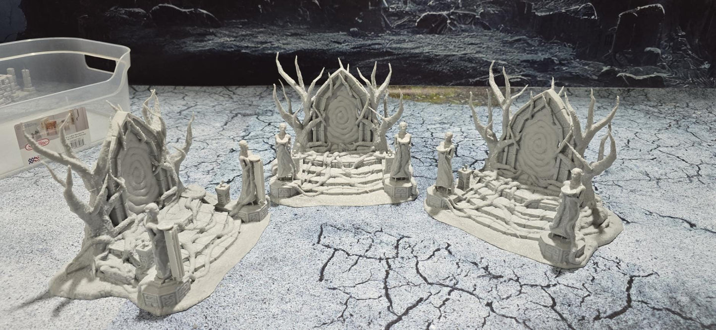 The Elven Portal model features a detailed fantasy gateway flanked by two statues, with intricate root and branch designs, perfect for enhancing fantasy tabletop settings.
