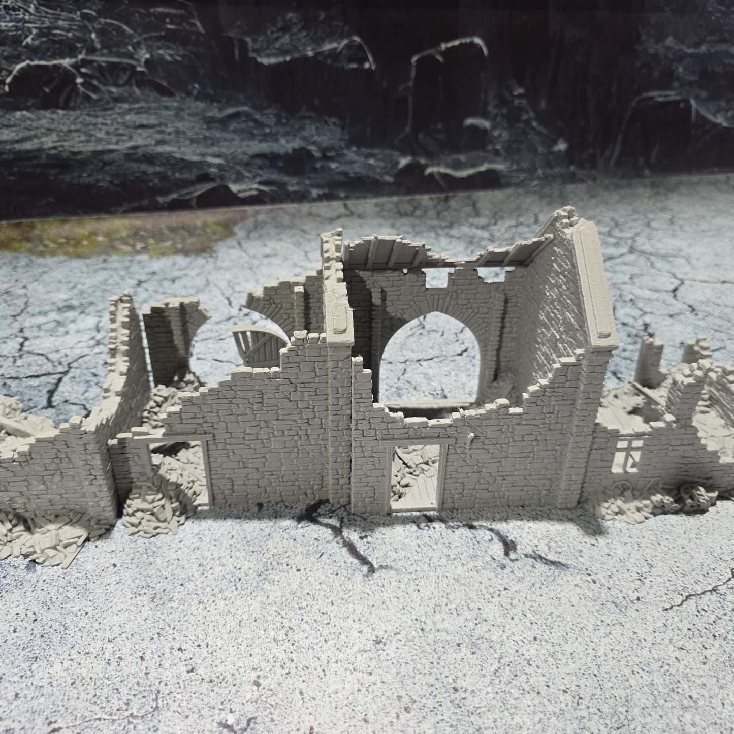 Grimdale Ruined Farmhouse for tabletop wargaming, ruined farmhouse, DnD, Pathfinder, Bolt Action, Revolutionary War games, 3D printed PLA terrain, high-quality ruins, realistic textures, strategic gameplay, RPG scenery, detailed architecture.