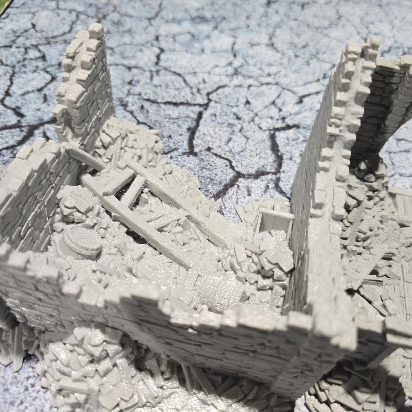 Grimdale Ruined Farmhouse for tabletop wargaming, ruined farmhouse, DnD, Pathfinder, Bolt Action, Revolutionary War games, 3D printed PLA terrain, high-quality ruins, realistic textures, strategic gameplay, RPG scenery, detailed architecture.