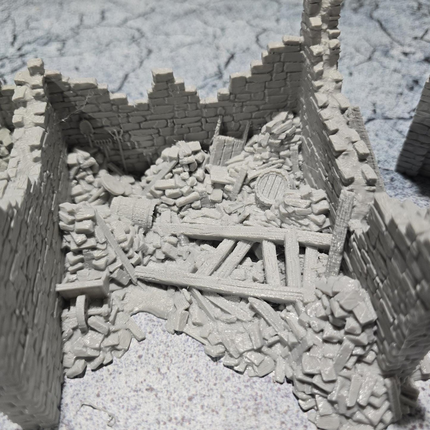 Grimdale Ruined Farmhouse for tabletop wargaming, ruined farmhouse, DnD, Pathfinder, Bolt Action, Revolutionary War games, 3D printed PLA terrain, high-quality ruins, realistic textures, strategic gameplay, RPG scenery, detailed architecture.